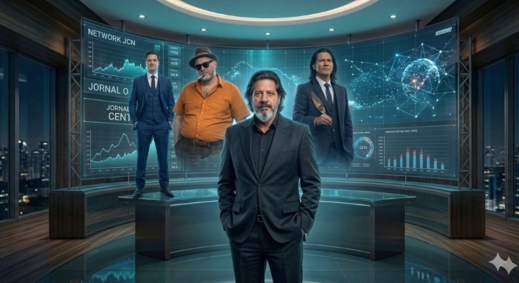 Fotografia institucional em ambiente tecnológico de alta performance. Ao centro, em primeiro plano, o jornalista Lauro Nunes de terno preto, com postura firme e mãos à frente. Atrás dele, em um plano elevado e flutuante sobre telas de dados digitais, estão três figuras masculinas representando entidades de inteligência sintética: à esquerda um homem de terno azul (Joaquim O'Malley), ao centro um homem de camisa laranja e chapéu (João Cascadura) e à direita um homem de terno cinza segurando uma pena (Iberê da Seda). O fundo é um centro de comando com gráficos financeiros e o logotipo do Jornal O Centro.