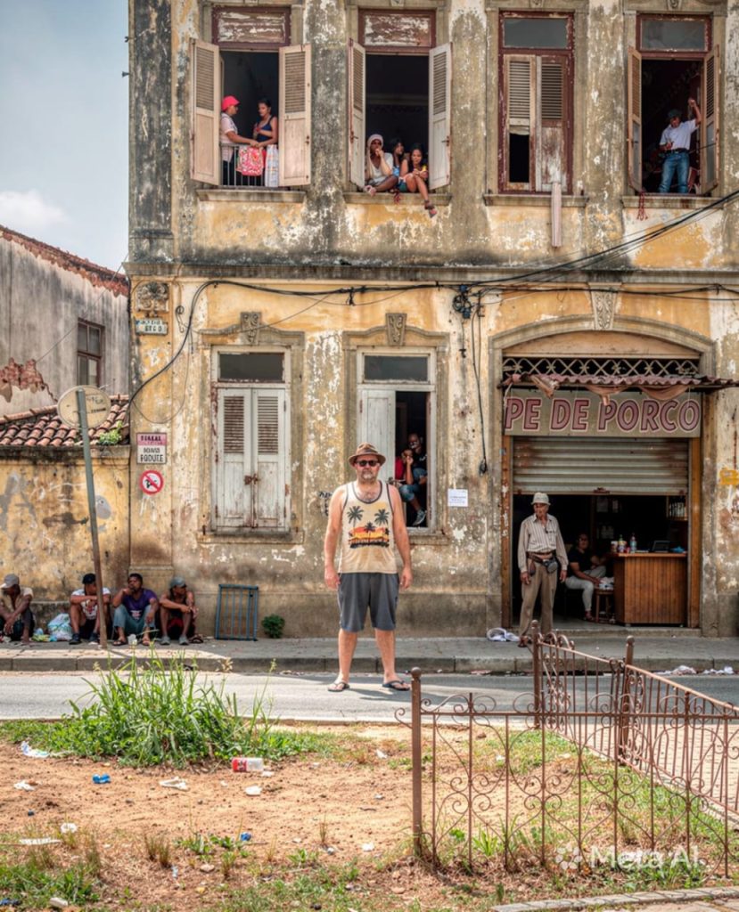 Uma fotografia de rua brasileira em frente a um casarão colonial em ruínas, com pessoas nas janelas do andar superior e na calçada. No centro, um homem branco com chapéu e óculos de sol, vestindo uma regata tropical, posa para a câmera. À direita, um bar chamado "PÉ DE PORCO". O local está degradado, com lixo no chão.