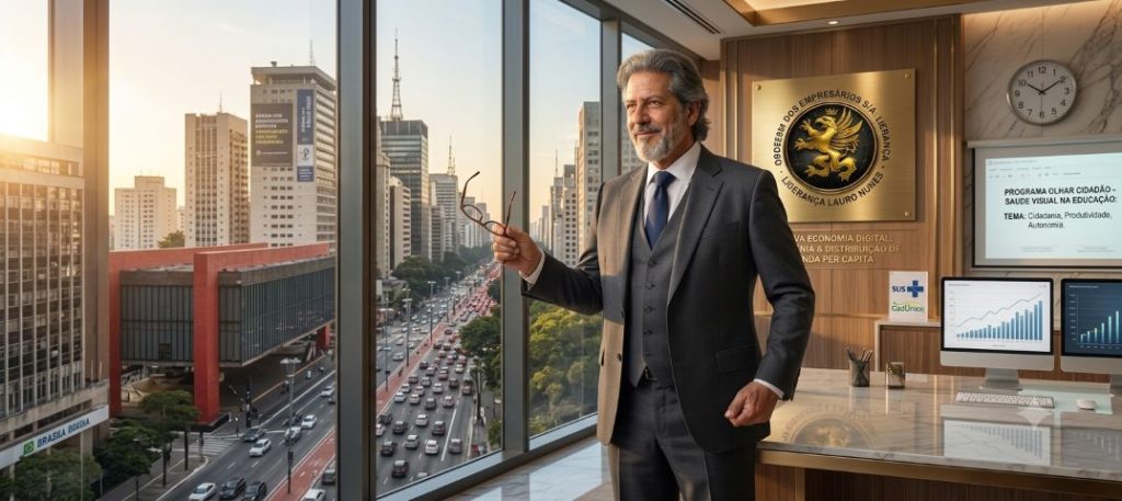 Jornal o Centro São Paulo: Lauro Nunes — O Estrategista da Nova Economia e a Governança Global da Ordem dos Empresários S/A "Uma fotografia horizontal e panorâmica de Lauro Nunes Júnior, em plano médio, dentro de um escritório executivo de alto padrão com vista para a Avenida Paulista, em São Paulo. Ele tem cabelos grisalhos e barba bem aparada, veste um terno cinza de três peças perfeitamente ajustado e uma gravata azul-escura. Lauro segura um par de óculos na mão esquerda e está posicionado entre uma imponente placa dourada da Ordem dos Empresários S/A na parede e uma grande janela panorâmica que revela a movimentada Avenida Paulista ao pôr do sol, com os edifícios e o MASP visíveis. Seus olhos olham para o horizonte com um sorriso confiante e visionário."