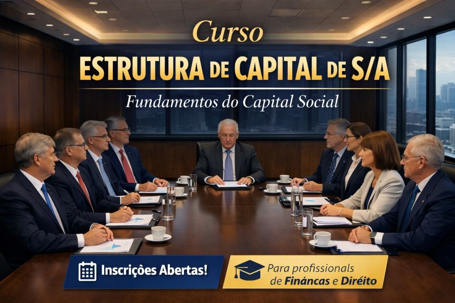 Imagem promocional do "Estrutura de Capital SA.jpg" mostrando uma mesa de reunião em uma sala corporativa com oito pessoas sentadas. No topo, há o texto em destaque "Curso ESTRUTURA DE CAPITAL DE S/A - Fundamentos do Capital Social". Na parte inferior, existem dois selos: um azul com o texto "Inscrições Abertas!" e outro dourado com "Para profissionais de Finanças e Direito".