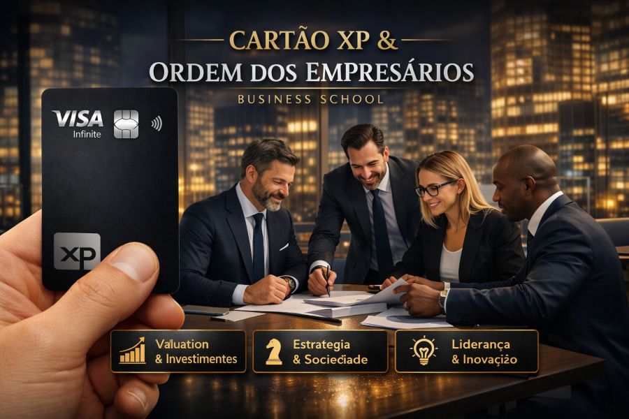 Jornal o Centro Copacabana – RJ | Parceria de Peso no Mundo dos Negócios: NOMOS XP & Ordem dos Empresários Business School Mão segurando um cartão preto XP Visa Infinite em primeiro plano, com um grupo de executivos em reunião ao fundo em escritório moderno com vista para a cidade. Texto na parte superior destaca “Cartão XP & Ordem dos Empresários Business School” e ícones abaixo representam Valuation, Estratégia e Liderança.